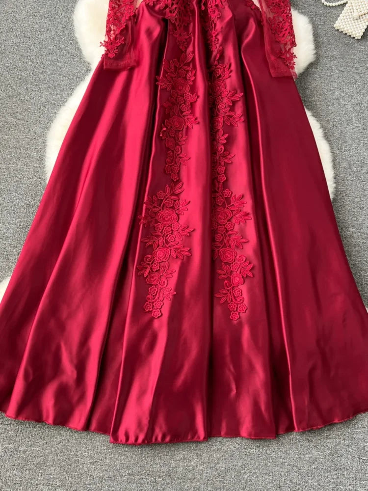 Vintage Embroidered Red Mesh Evening Dress