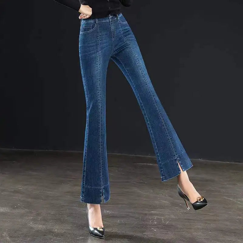 Vintage Korean Flare Jeans - High Waist Split, All-match Office Lady Pants