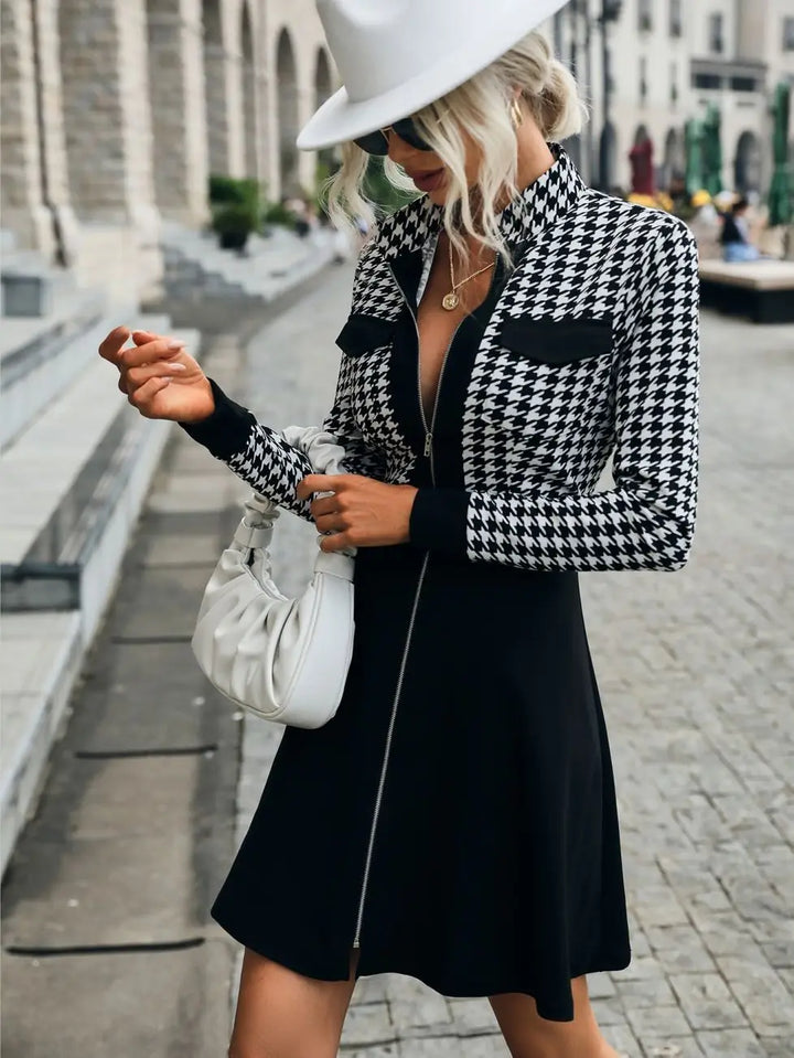 Elegant Houndstooth Dress for Women - Spring Fashion Mini Dresses with Retro Vibes