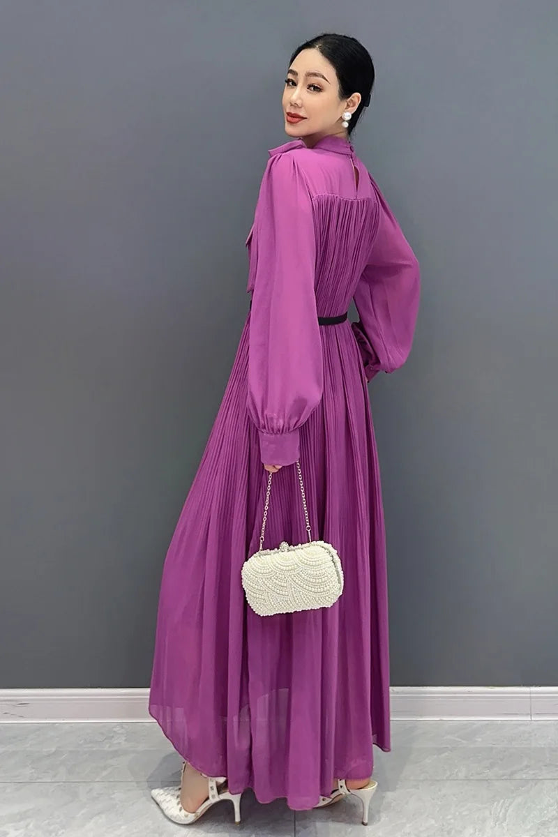 Purple Folds Long Sleeve Dress