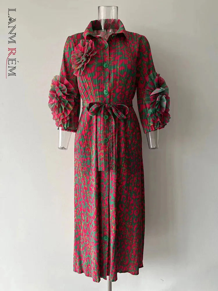LANMREM 3D Floral Pleated Dress