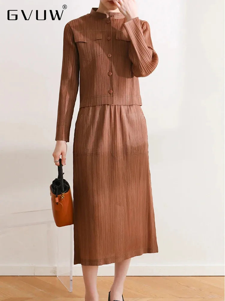 Elegant Office Lady Set 2024: Pleated Top + Loose Skirt