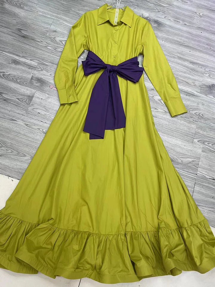 Stylish VGH Colorblock Dress with Bowknot Detail - Sizes S, M, L - Bust 88-96cm, Waist 72-80cm, Length 144-146cm