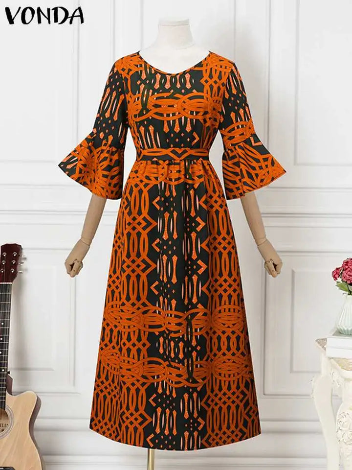 Plus Size 5XL VONDA Bohemian Long Dress 2024 Women Summer Printed Maxi Sundress Casual Loose Belted 3/4 Flare Sleeve Party Robe