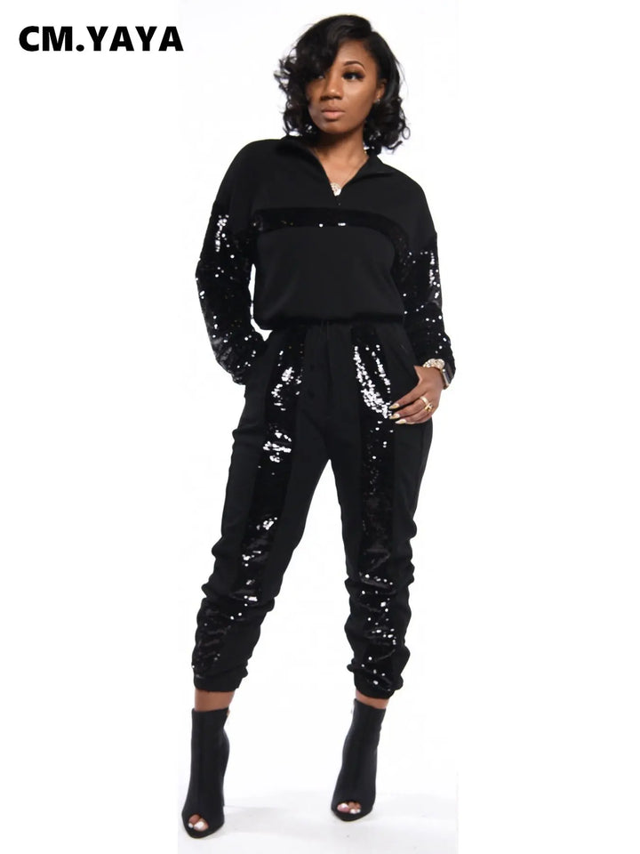 CM.YAYA sequined striped patchwork Women's Tracksuit Long Sleeve zipper turn-down collar pullover Pants Two 2 Piece Set Outfits