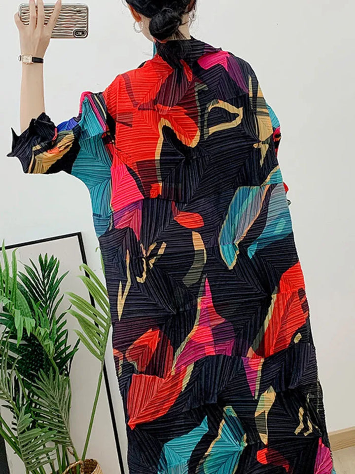 Autumn Printed Dress - Loose Fit, Mock Neck, Color Block | 2023 Collection