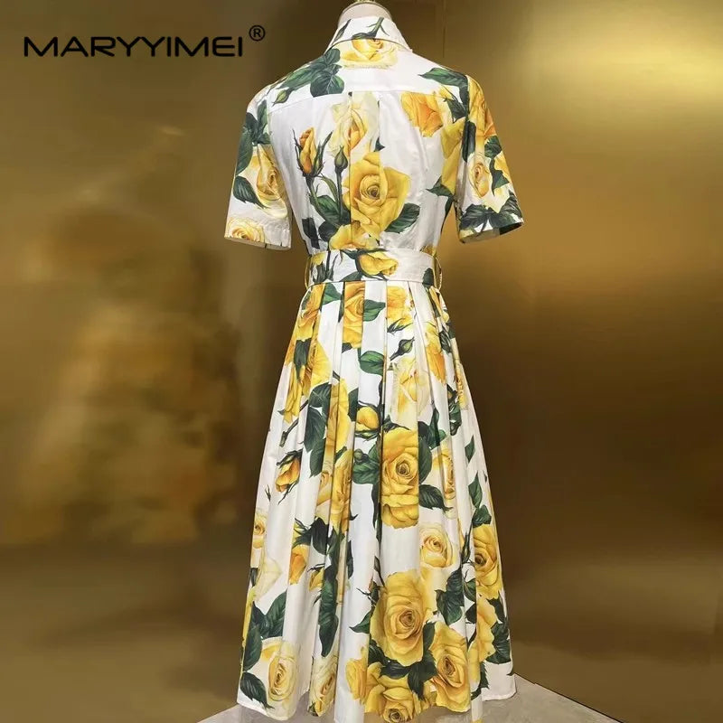 Upgrade Your Wardrobe with MARYYIMEI Yellow Rose Printed MIDI Dress - Slim-Fit, Lace-Up, and Single-Breasted!