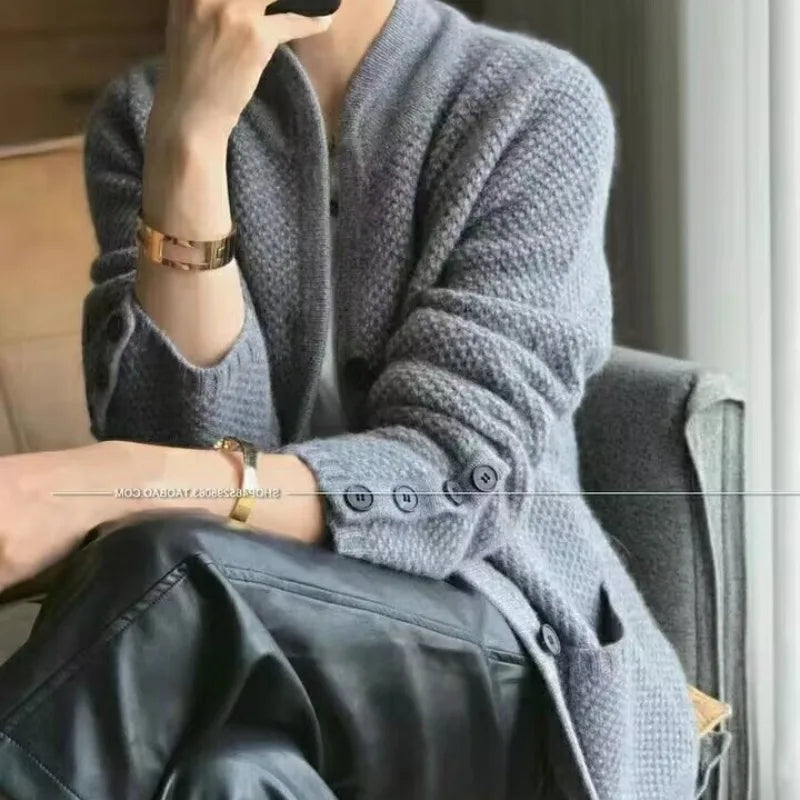 Women's Autumn Winter Long Sleeve Standing Neck Cardigan Fashion Casual Versatile Coats Commuting Solid Color Knitting Lady Tops