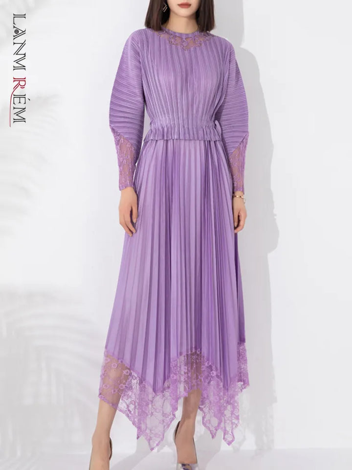 LANMREM Women's Pleated Lace Dress | Autumn 2023 Collection | Bat Sleeves | Irregular Hem | 2DA1876