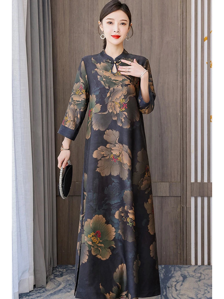 Stylish Autumn Floral Maxi Dress | Silk, Long Sleeve, Loose Waist | Korean Vintage Night Dress | 2024 Collection