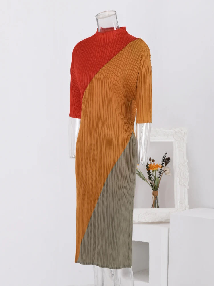 LANMREM Color Block Pleated Dress - Fashionable 2024 Spring Clothing for Women - Stand Collar, Slim Fit, Half Sleeves - Sizes 90-130cm - 32C110