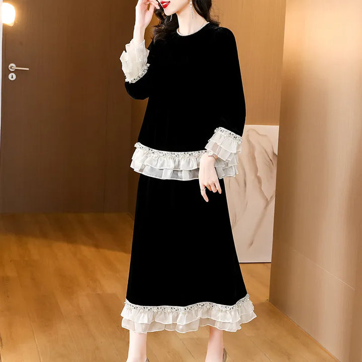 2023 Female Autumn Two Piece Dress Suit with Velvet Top Coat and Half Length Skirt