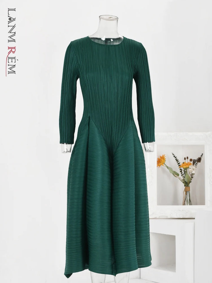 LANMREM Spring Dress - Elegant A-line with Long Sleeves and Round Neck - Sizes XS to XL