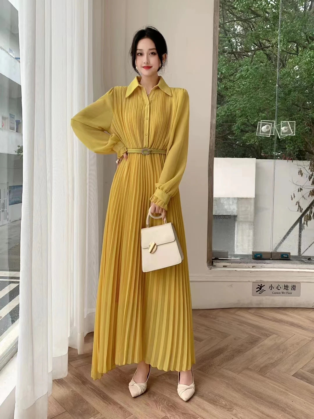 Spring Autumn Women's Fashion Chiffon Pleated Dress