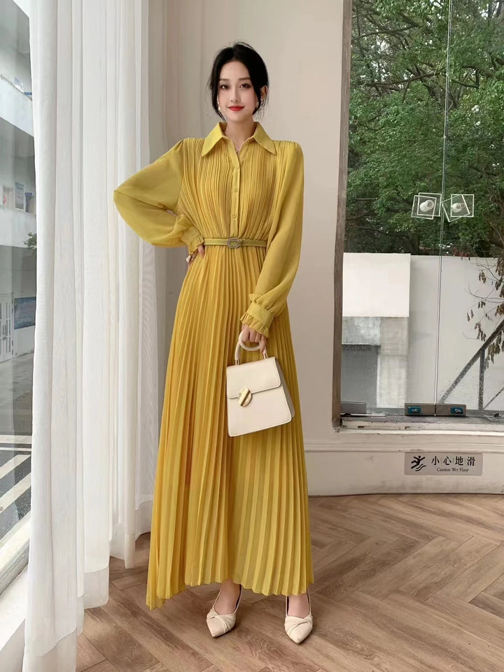 Spring Autumn Women's Fashion Chiffon Pleated Dress