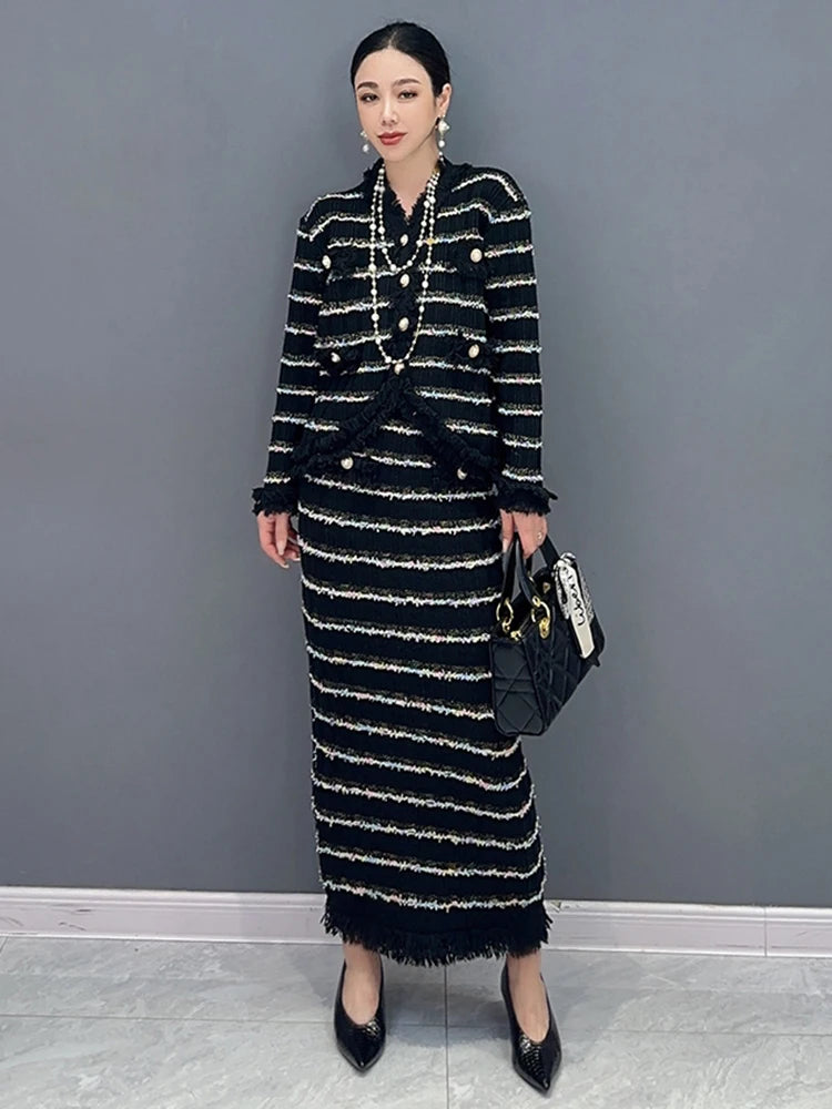 SHENGPALAE Temperament Women Two Piece Set Tassel V-neck Single Breasted Coat Light Luxury Female Skirt Autumn 2023 New 5R7051