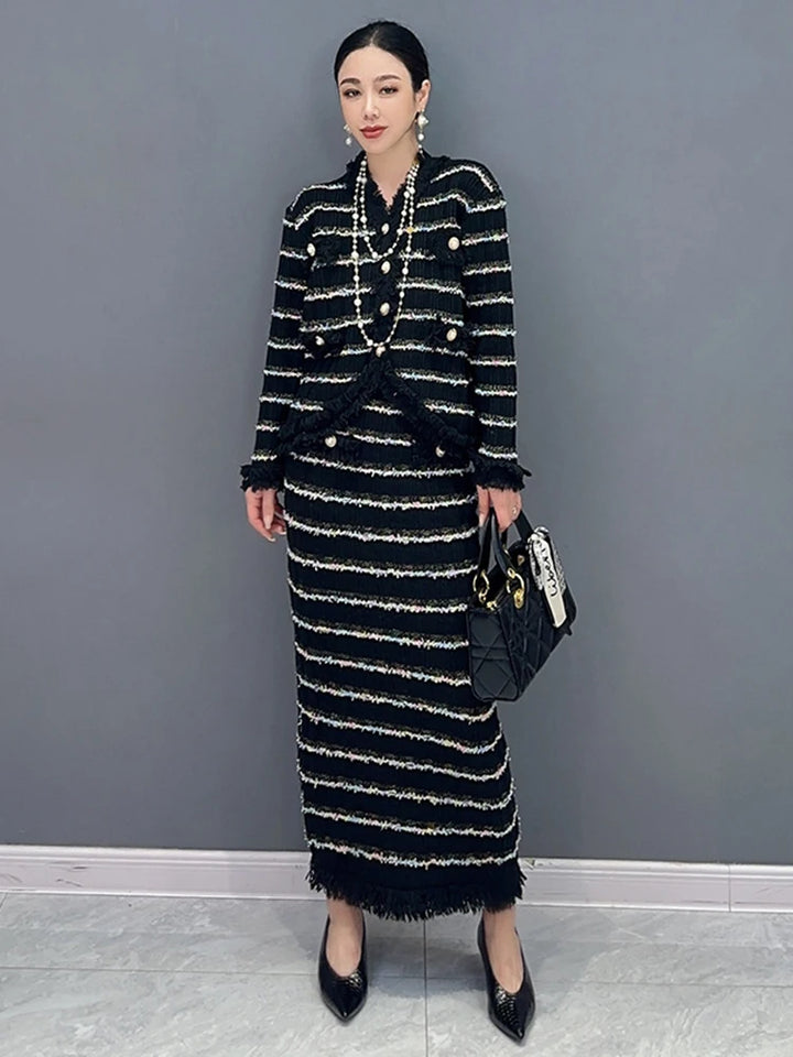 SHENGPALAE Temperament Women Two Piece Set Tassel V-neck Single Breasted Coat Light Luxury Female Skirt Autumn 2023 New 5R7051