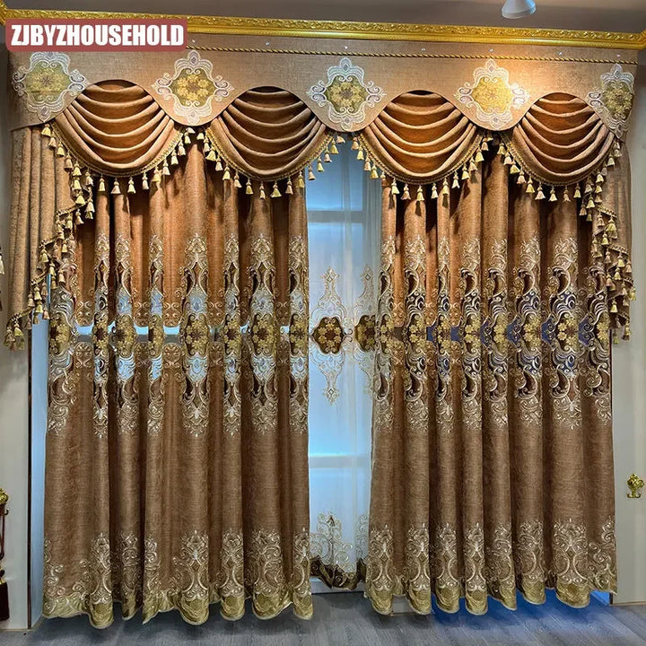 Embroidered Luxury Chenille Curtains for Living Room Bedroom Villa Noble Coffee Valance Tulle Shading High-end Customization