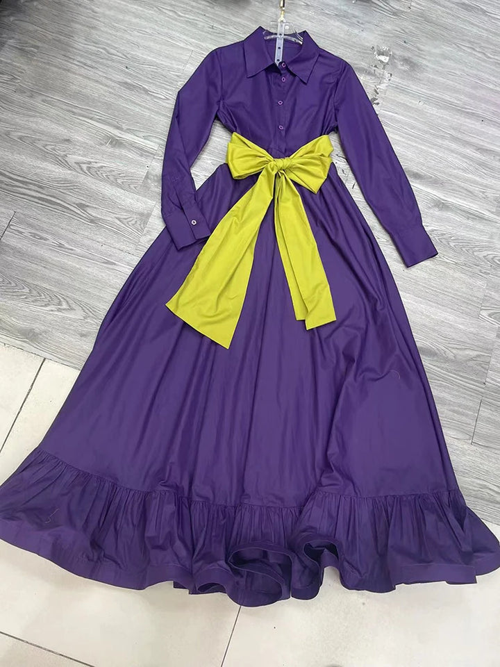 Stylish VGH Colorblock Dress with Bowknot Detail - Sizes S, M, L - Bust 88-96cm, Waist 72-80cm, Length 144-146cm