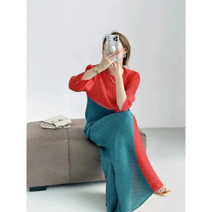 2024 New Miyake Style Designer Two-Piece Set - High-End Color Matching Outfit for Women