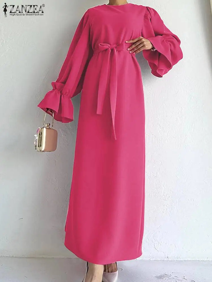 Vintage Maxi Dress with Ruffled Cuffs and Belt - ZANZEA 2023 Autumn Collection