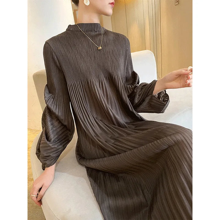 2023 Women's Miyake Pleated Dress | Puffy Sleeve | Knee Length | Loose Fit