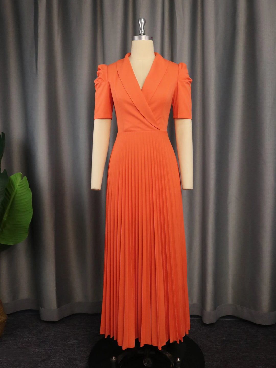 Plus Size V Neck Orange Dress: Long Prom, Office, Cocktail Event Outfit - 142cm Length, 28cm Sleeve