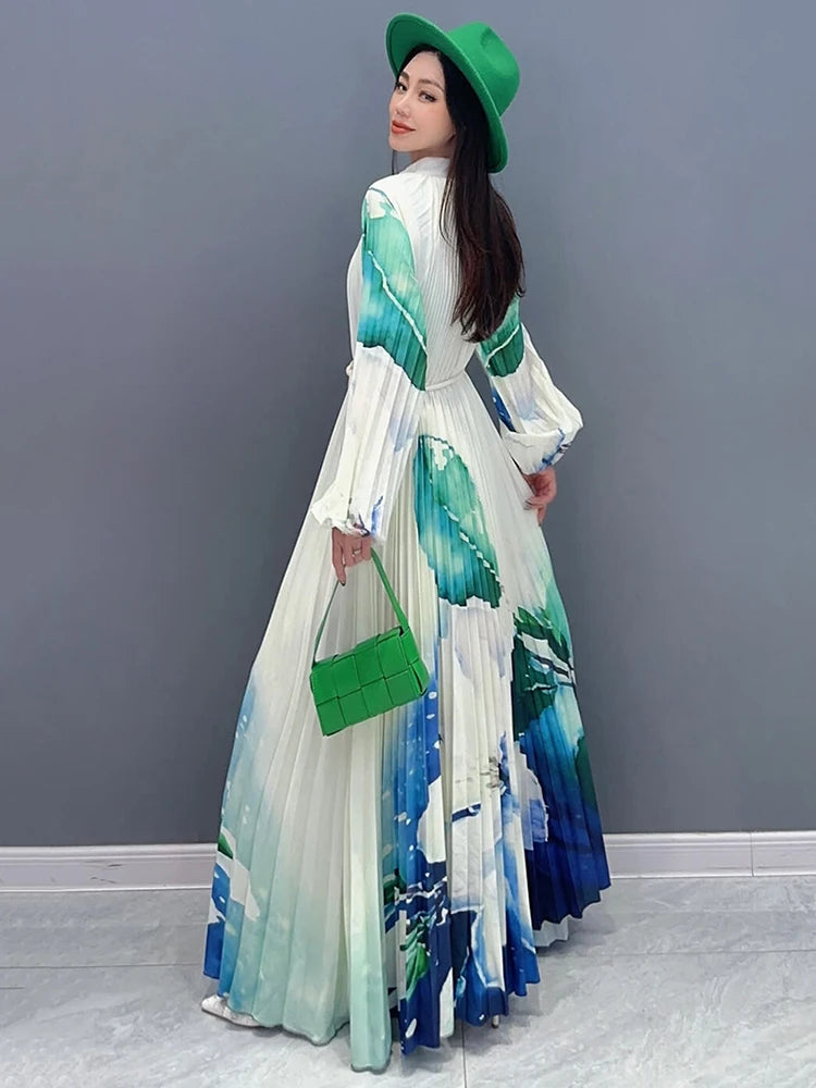 Stylish SHENGPALAE Contrast Color Pleated Dress - A-line, Floor Length, Full Sleeve - 2024 New Collection