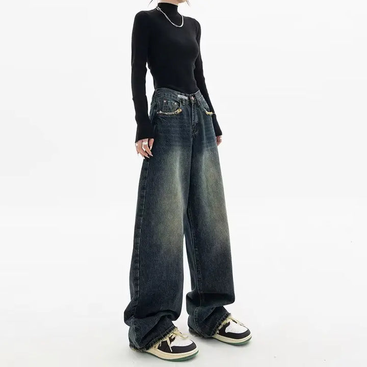Retro Korean Baggy Jeans - High Waisted Straight Leg Denim Pants