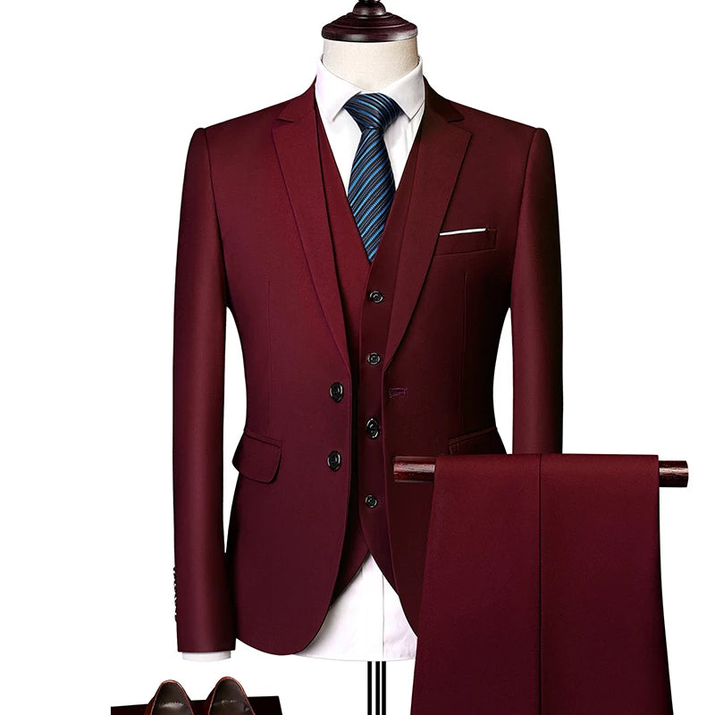 Men's 3-Piece Slim Fit Suit Set for Business, Formal, or Wedding - Jacket, Vest, and Pants