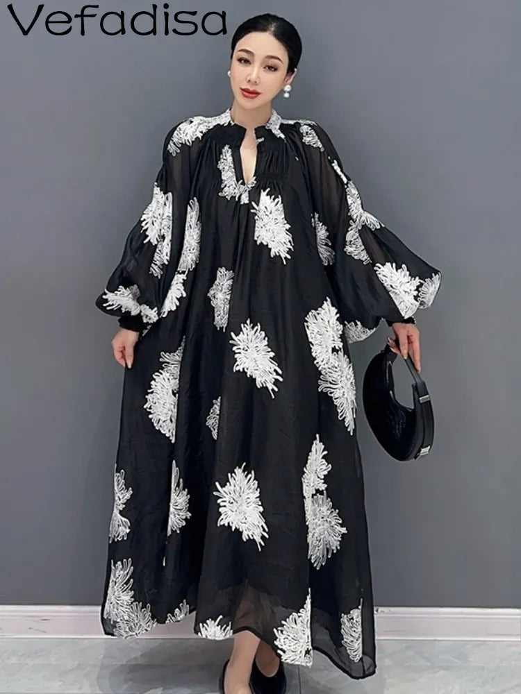 Stylish Black Fragmented Flower Dress - 2023 Autumn Collection - Size: One, Length: 115cm, Bust: 116cm