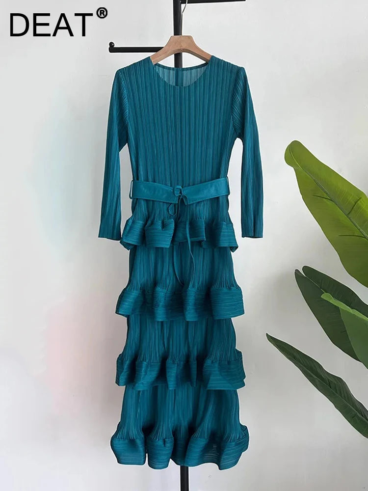 Chic DEAT Pleated Dress - Elegant Full Sleeve Ruffles, Round Collar, Belt - Perfect for Evening Parties!