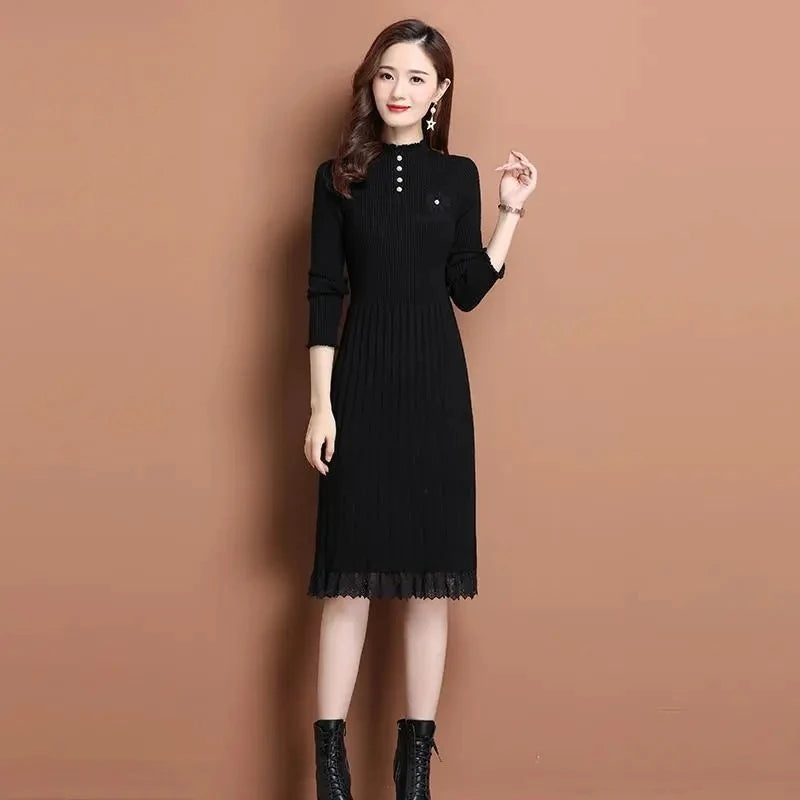 Vintage Patchwork Knitted Dress | Warm Half Turtleneck | Autumn Winter | Midi Vestidos Mujer