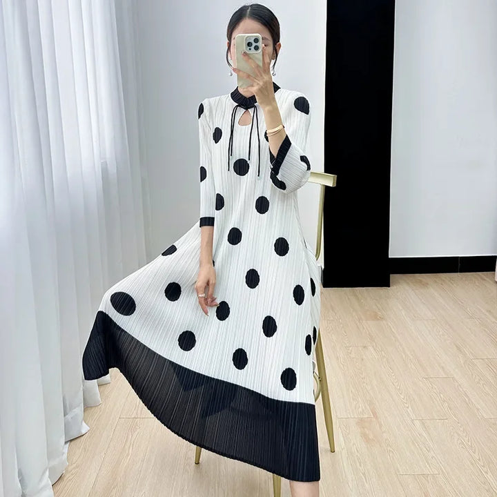 2023 Autumn Polka Dot Dress | Elegant Stand Collar | Three-quarter Sleeves | Sizes 90-120cm | Miyake Fashion