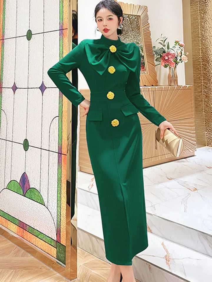 2023 Autumn Midi Dresses for Women - Elegant Black Green Straight Party Robe - ZJYT Plus Size XXL