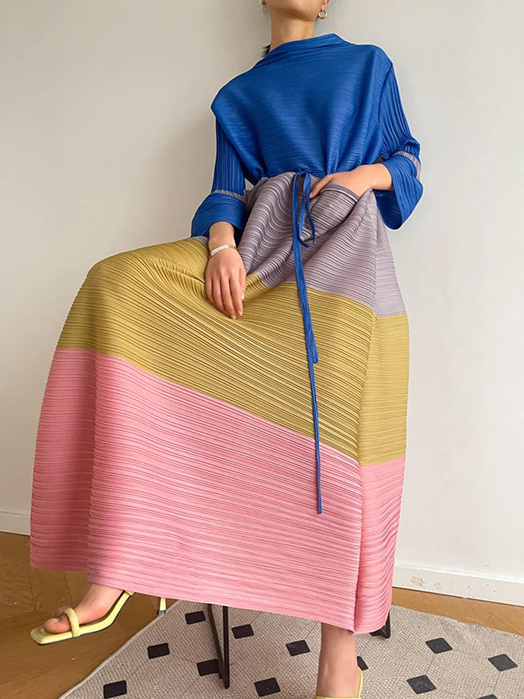 2024 Spring Summer Fashion Plus Size Color-block Dress with Flared Sleeves and Belt