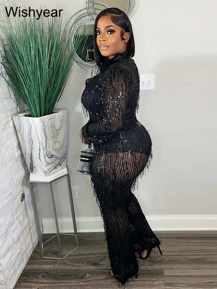 Sparkle in Style: Sexy Two-Piece Sequin Tracksuit with See-Through Top & Pants