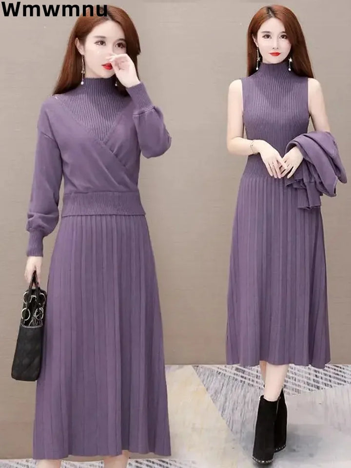 Elegant Office Lady Knitwear Dress Set