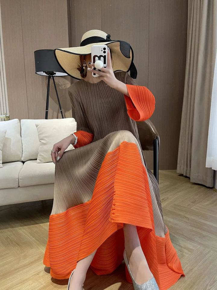 2023 Miyake Long Sleeve Dress - Relaxed Fit, Round Neck, Feminine Fashion - Women's Party Dress