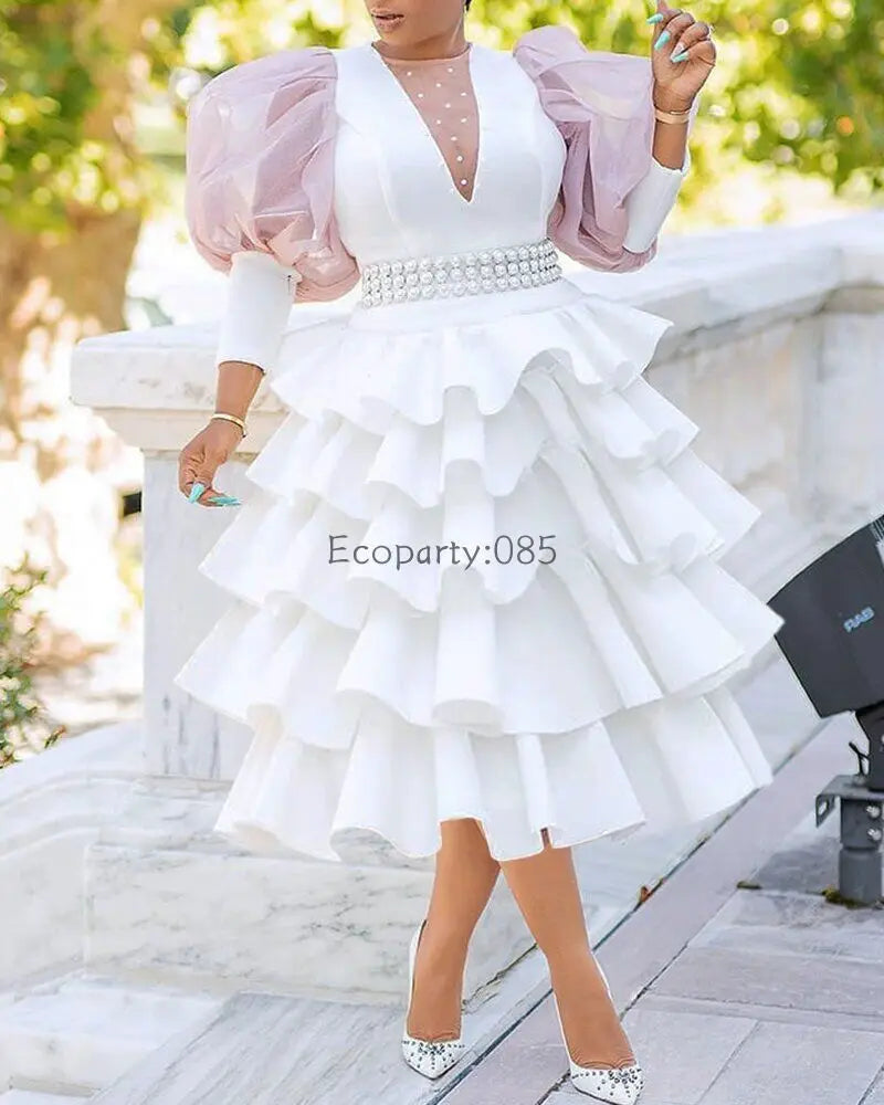 Chic White Party Dress for Women - Bubble Sleeve, High Waist, Autumn/Winter - Plus Size Available