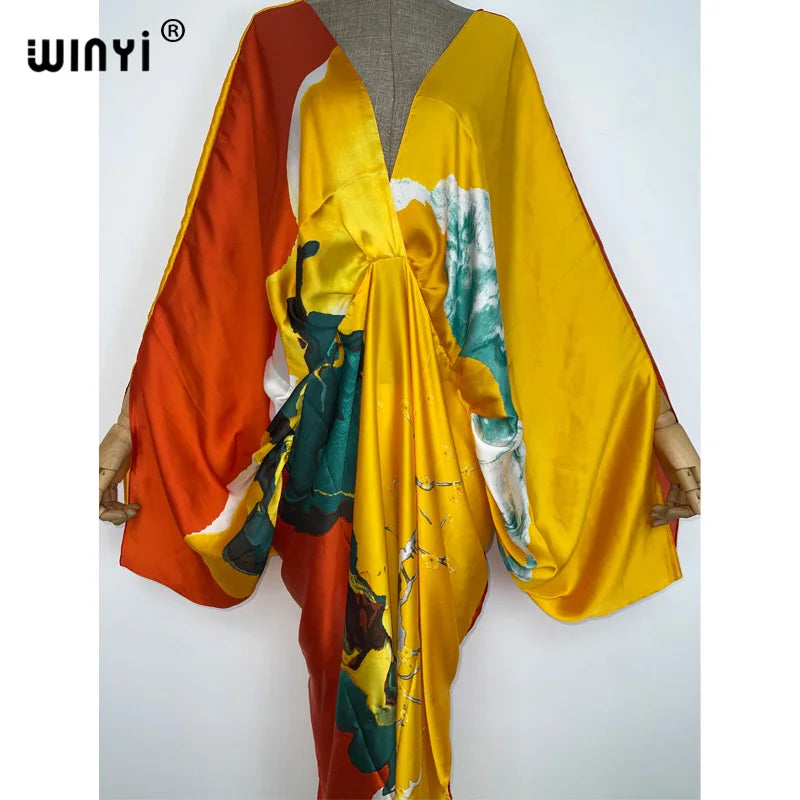 WINYI New Fashion Bohemian Deep V-neck Floral europea For Lady Free Size Loose Batwing Holiday Beach cover up Party Kaftan Dress