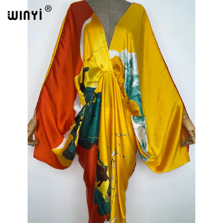 WINYI New Fashion Bohemian Deep V-neck Floral europea For Lady Free Size Loose Batwing Holiday Beach cover up Party Kaftan Dress