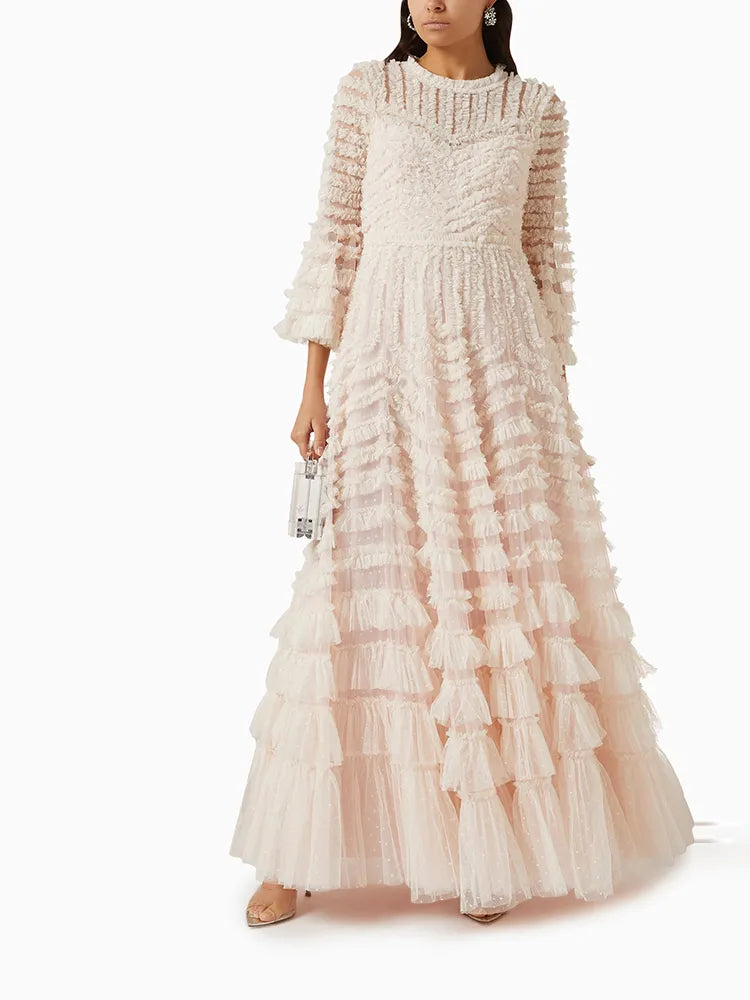 CHICEVER Spliced Patchwork Mesh Dress - Flare Sleeve, High Waist, Casual, Loose A Line - Autumn, Women