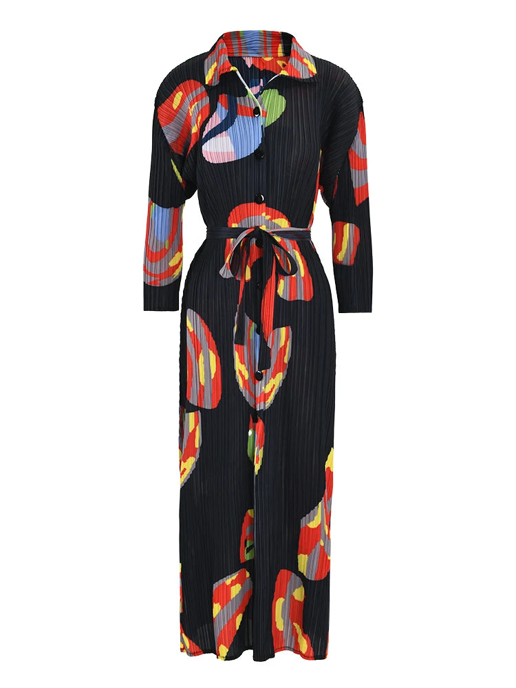 LANMREM Contrast Color Pleated Print Dress