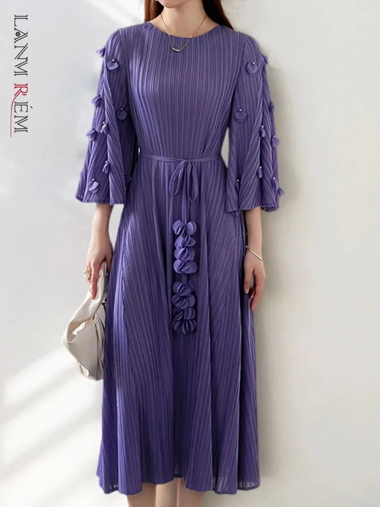 Elegant 3D Floral Pleated Dress with Belt - LANMREM 2AA5098