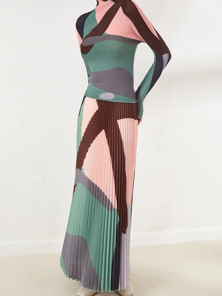 LANMREM Color Block T-shirt & Skirt Set | Long Sleeves Turtleneck Top & Elastic Waist Skirt | Women's Fashion