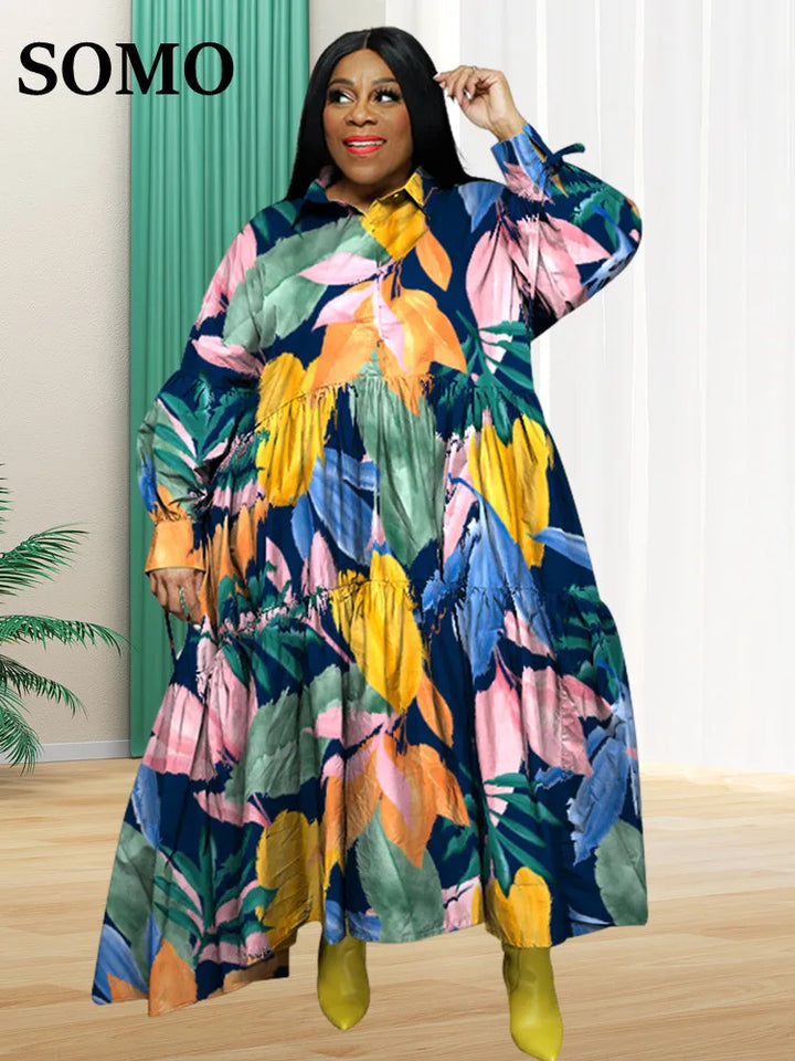 SOMO Plus Size New In Spring Summer Dress Women Clothing Flower Printed Loose Long Maxi Shirts Dress Wholesale Dropshipping