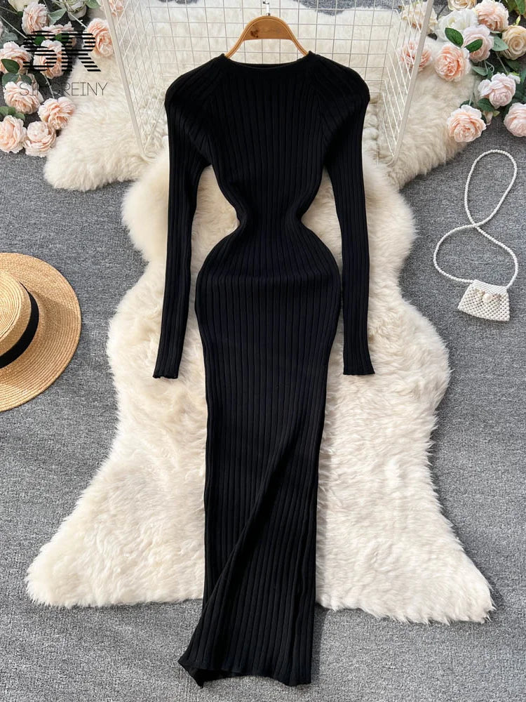 SINGREINY Winter Knit Maxi Dress - Slim Solid Pencil Sweater