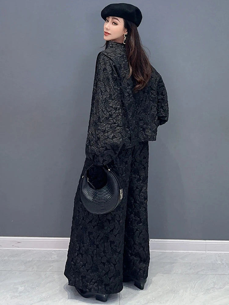 SHENGPALAE Fashion Women's Jacquard 2 Piece Set Casual Full Sleeve Patchwork Pullover Tops Spring 2024 New Wide Leg Pants 5R8783