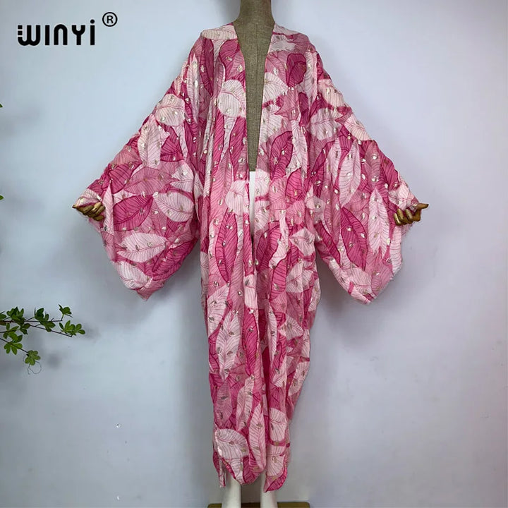 Stunning Summer Beach Cover-Up: WINYI Boho Maxi Dress with Gilded Print & Soft Cotton Fabric